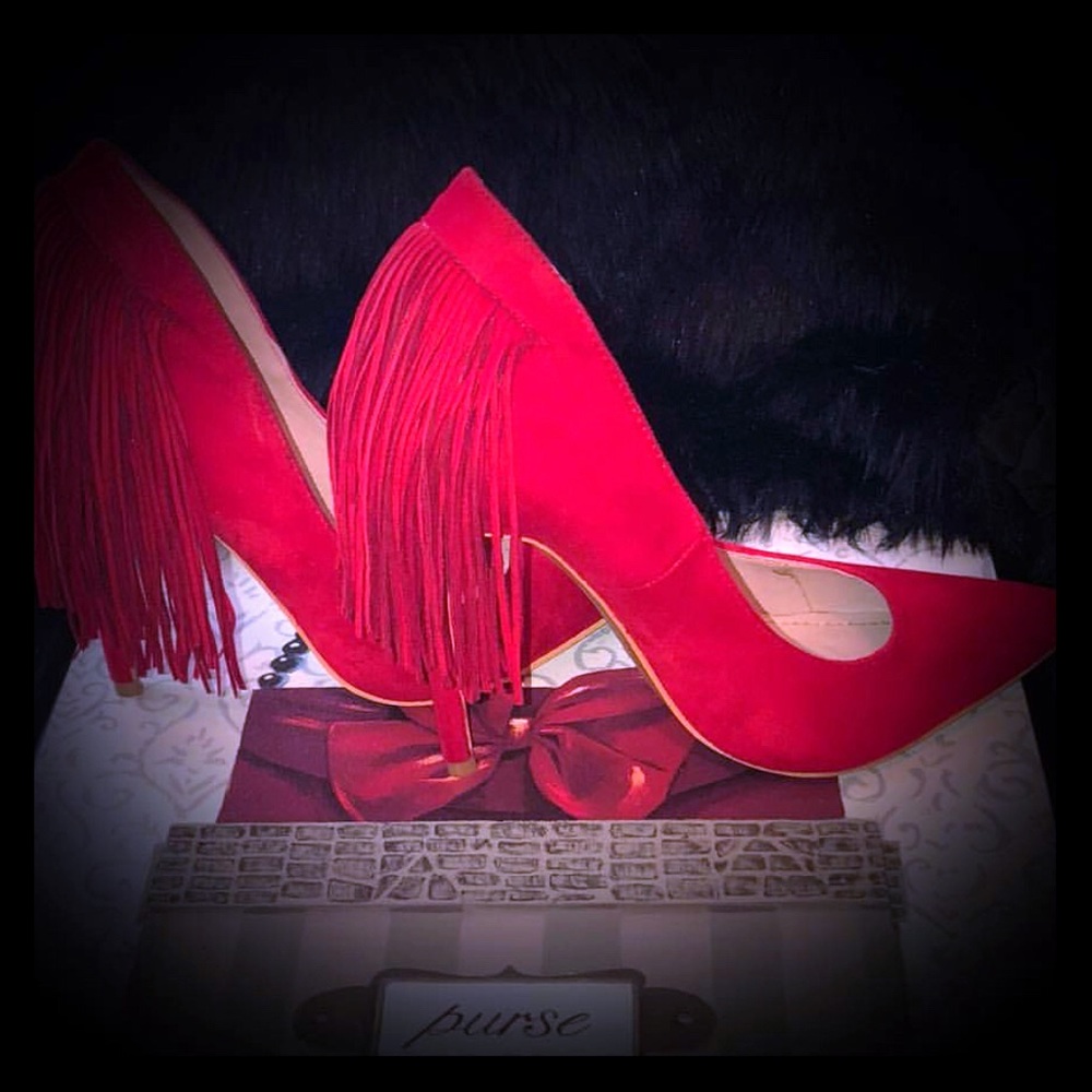 Red Suede Stiletto Pumps Fringe Detail